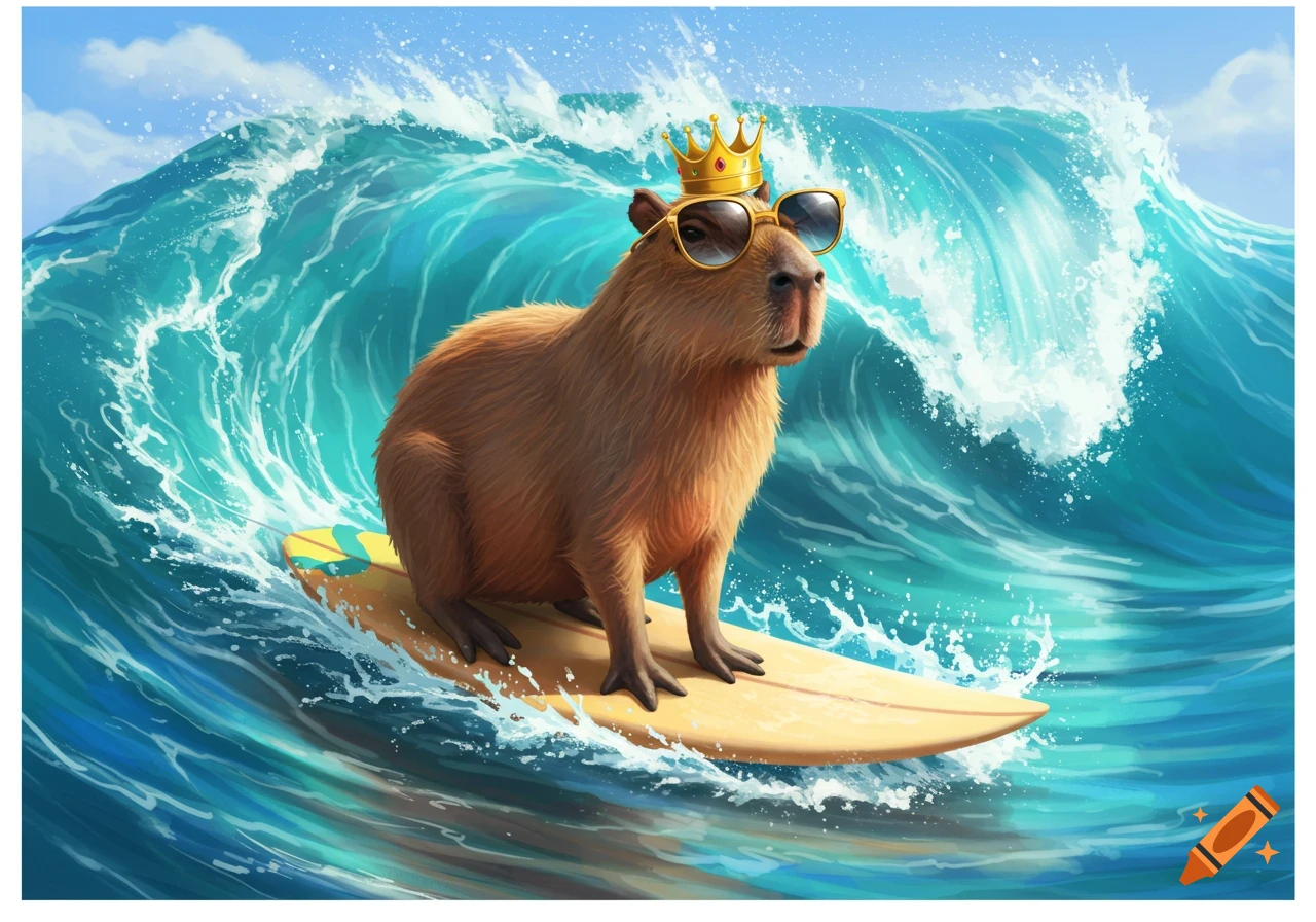 A capybara wearing sunglasses and a crown surfs a large blue ocean wave in an illustrative style.