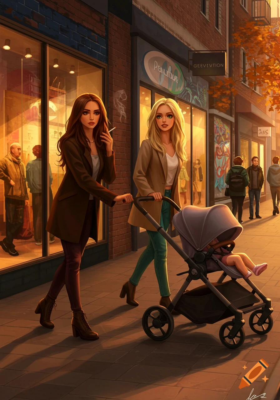 Two stylish women, one smoking, walking down a city street at sunset, pushing a baby stroller, digital art.