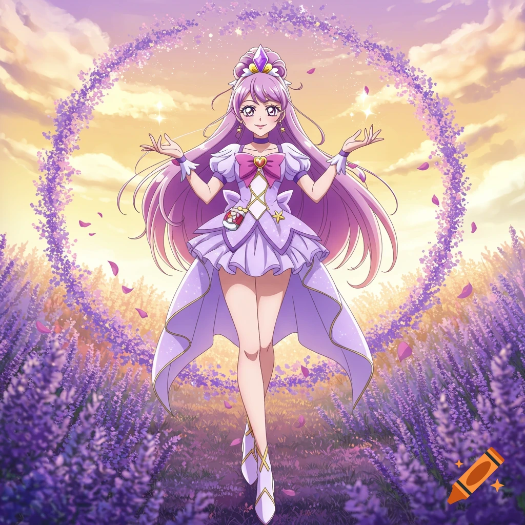 An anime magical girl with lavender hair in a purple dress and crown smiles, standing in a lavender field with a glowing sky and a ring of petals.