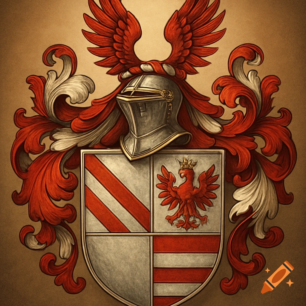 A heraldic coat of arms with a silver helmet crowned by red wings, above a shield displaying red diagonal stripes, a crowned red eagle, and red horizontal stripes, all on a textured golden background.