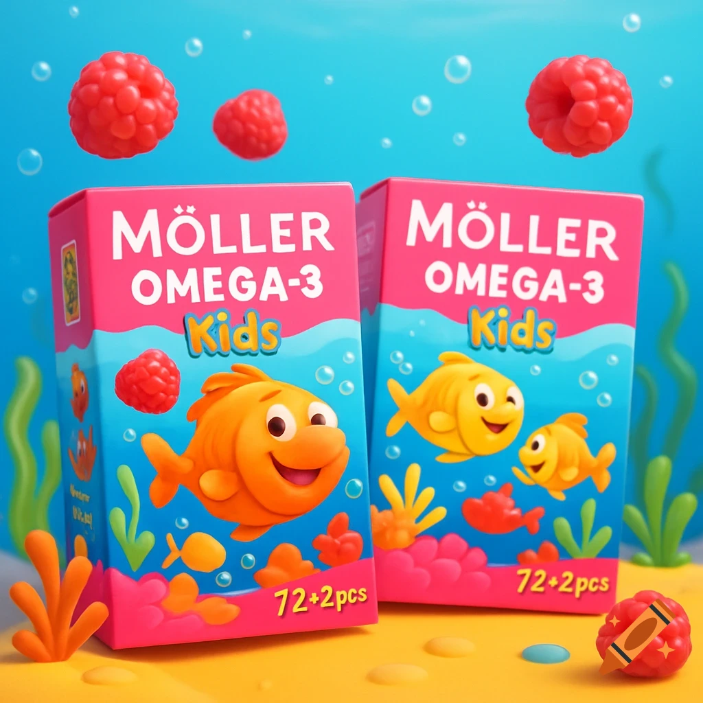 Two bright pink boxes of MÖLLER OMEGA-3 Kids gummy fish, with cartoon fish and raspberries, in a cheerful underwater setting.