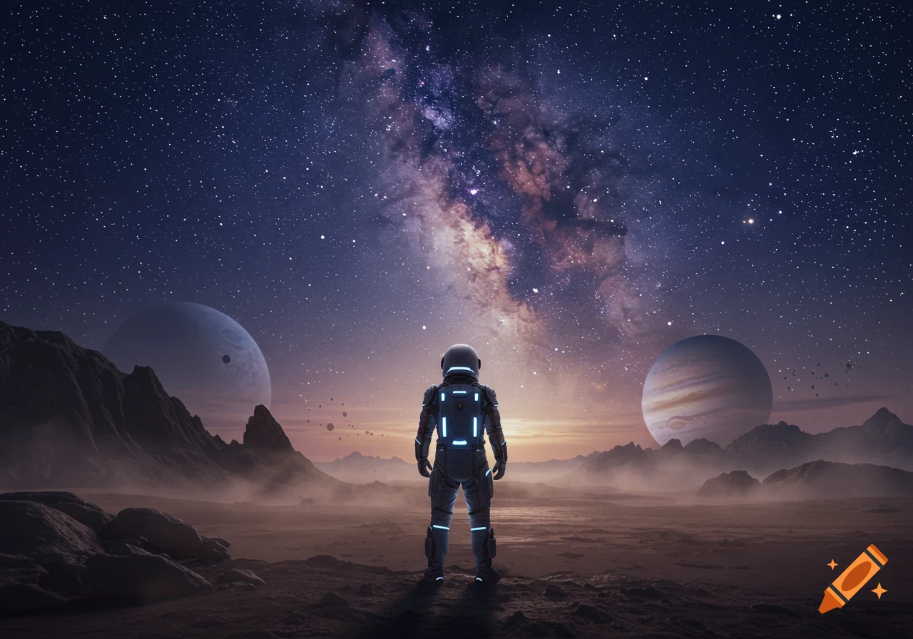 An astronaut stands on a rocky alien planet, gazing at the vibrant Milky Way and distant planets in the starry sky.