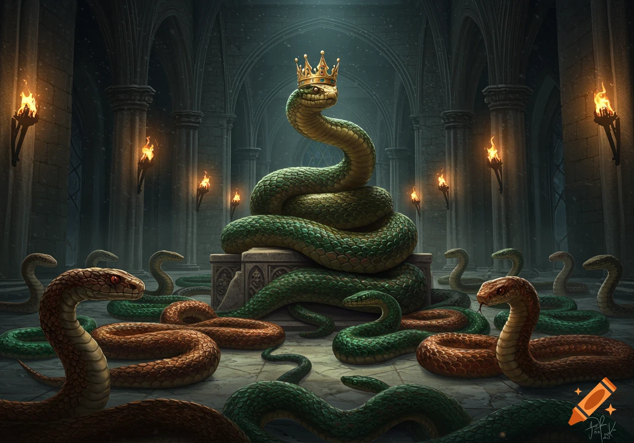 A giant green snake with a golden crown coils on a stone pedestal in a dark, torch-lit castle hall, surrounded by many other snakes.