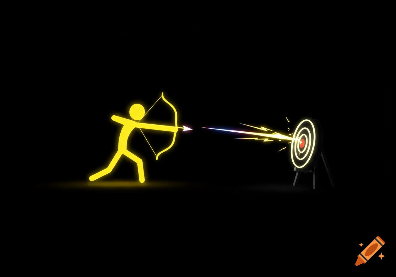 A glowing yellow stick figure archer shoots a neon arrow at a target on a black background, minimalist style.