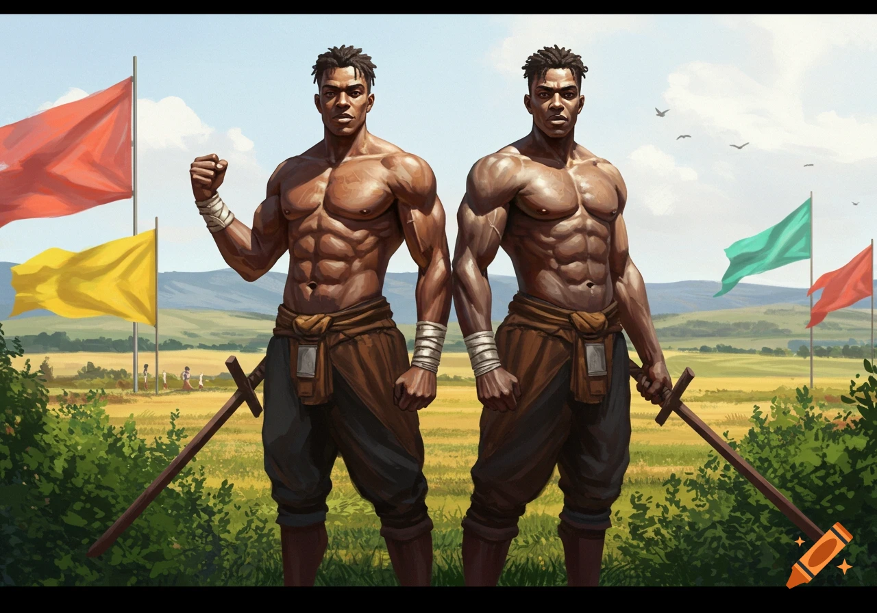 Two muscular men in traditional attire pose with swords in an illustrated field scene with colorful flags.