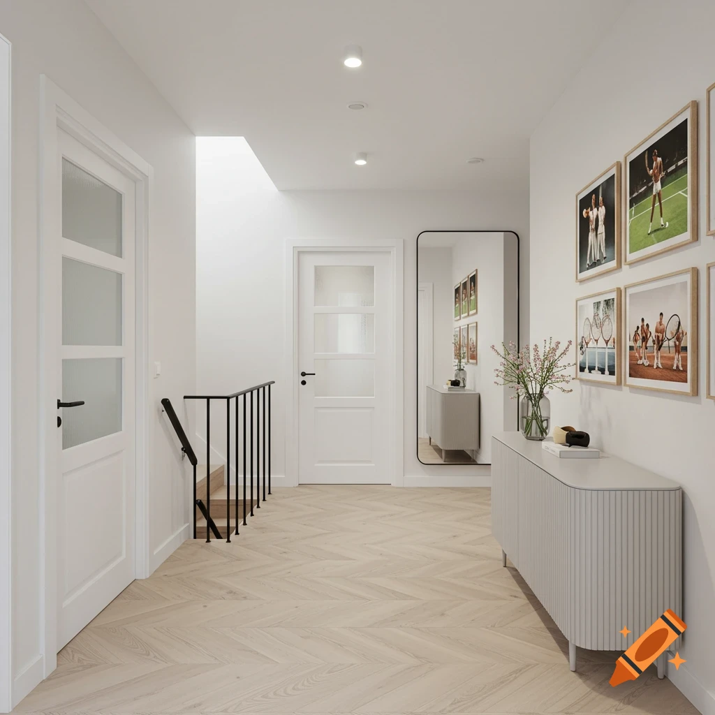 A bright, modern hallway featuring light wood herringbone floors, white doors, a black staircase, a large mirror, a grey console, and framed tennis pictures.