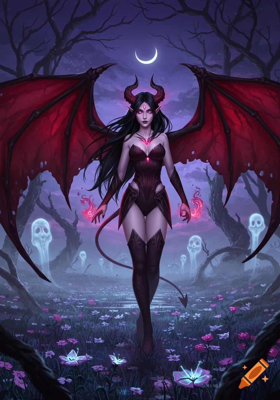 A dark fantasy illustration of a demoness with red wings and horns, standing in a mystical forest with glowing flowers and skulls.