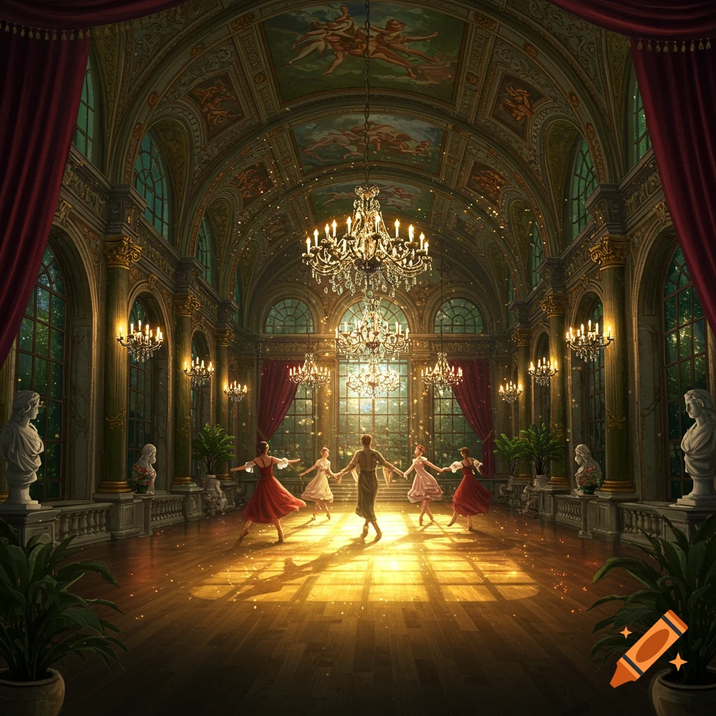 A group of people in elegant attire dance in a grand, opulent ballroom with sparkling chandeliers, ornate architecture, and golden light streaming through tall windows.