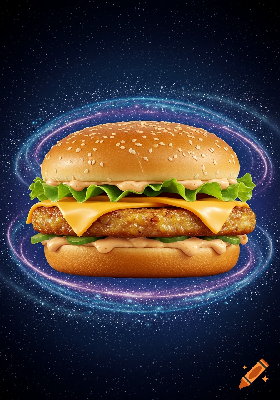 A juicy grilled chicken fillet burger with melted cheddar, lettuce, and sauce on a toasted bun, set against a dark blue galaxy background with swirling cosmic rings.