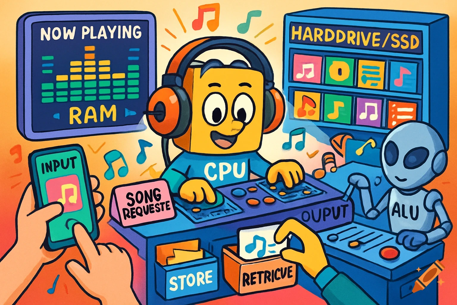 A fun cartoon scene depicting computer components as characters in a ...
