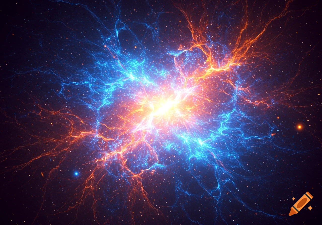 A vibrant abstract burst of blue and orange light and energy with filaments against a dark starry background.