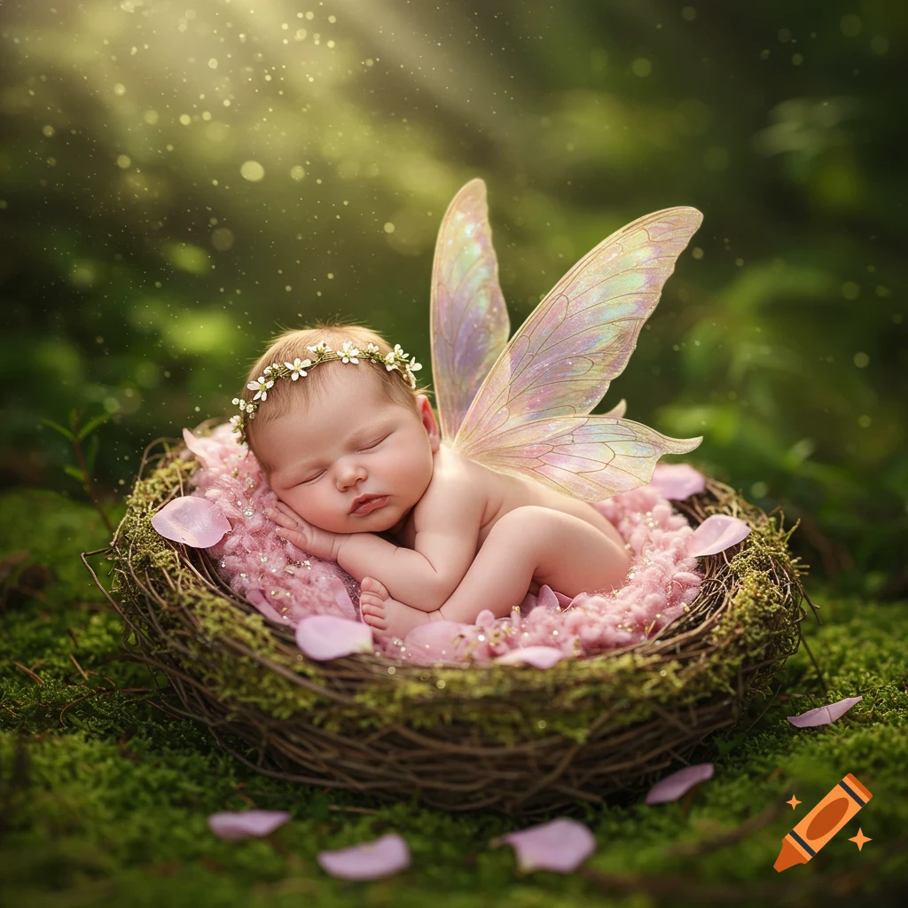 A photorealistic sleeping baby fairy with a flower crown, nestled in a mossy nest with pink petals in a sunlit forest.