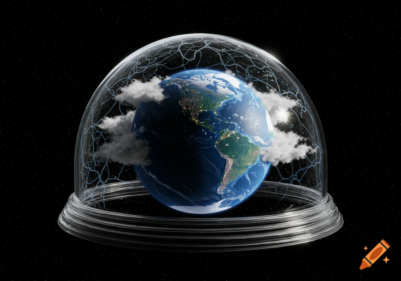 A detailed Earth globe inside a transparent glass dome with abstract lines, set against a star-filled space.