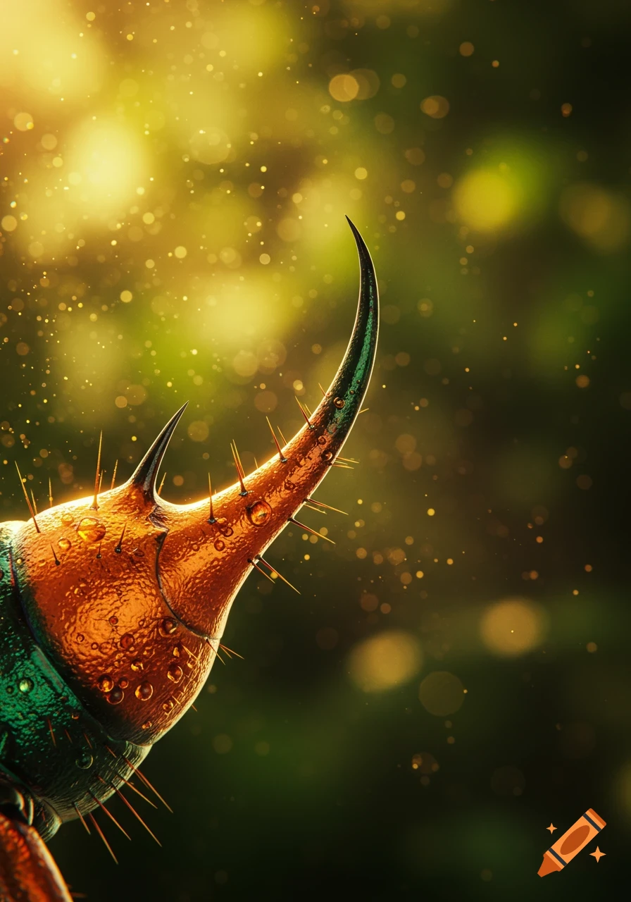 Close-up of a metallic green and orange insect stinger covered in water droplets and spikes, against a blurry green and golden bokeh background.