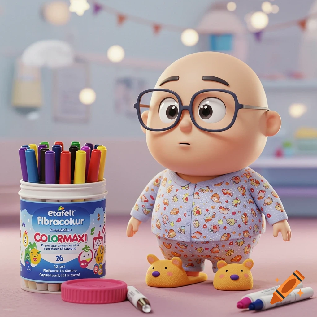 A cute, bald cartoon kid with glasses in pajamas and bear slippers stands next to a container of colorful markers, rendered in 3D style.