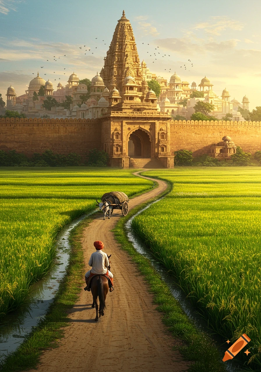 A lone horseman and a bullock cart travel a dirt road through lush green rice fields towards a walled Indian temple city at sunset.