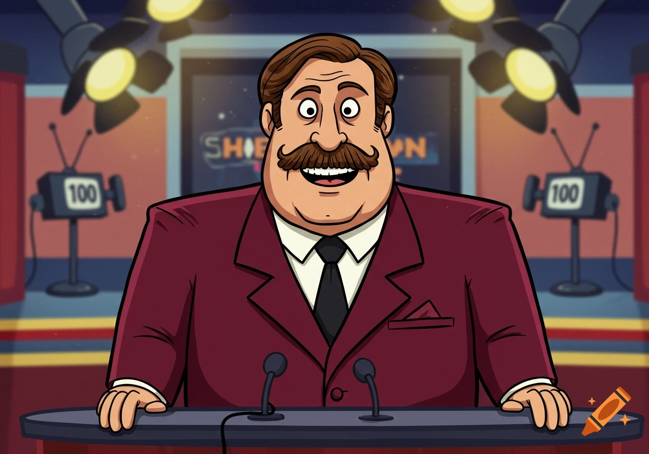 Cartoon anchorman with a mustache in a maroon suit smiling behind a podium in a TV studio.