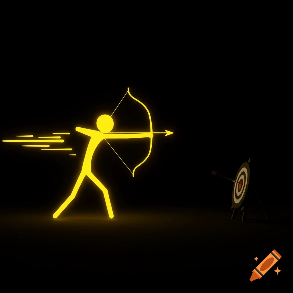 A glowing yellow stickman archer shooting an arrow into a target on a black background, in a minimalist neon style.