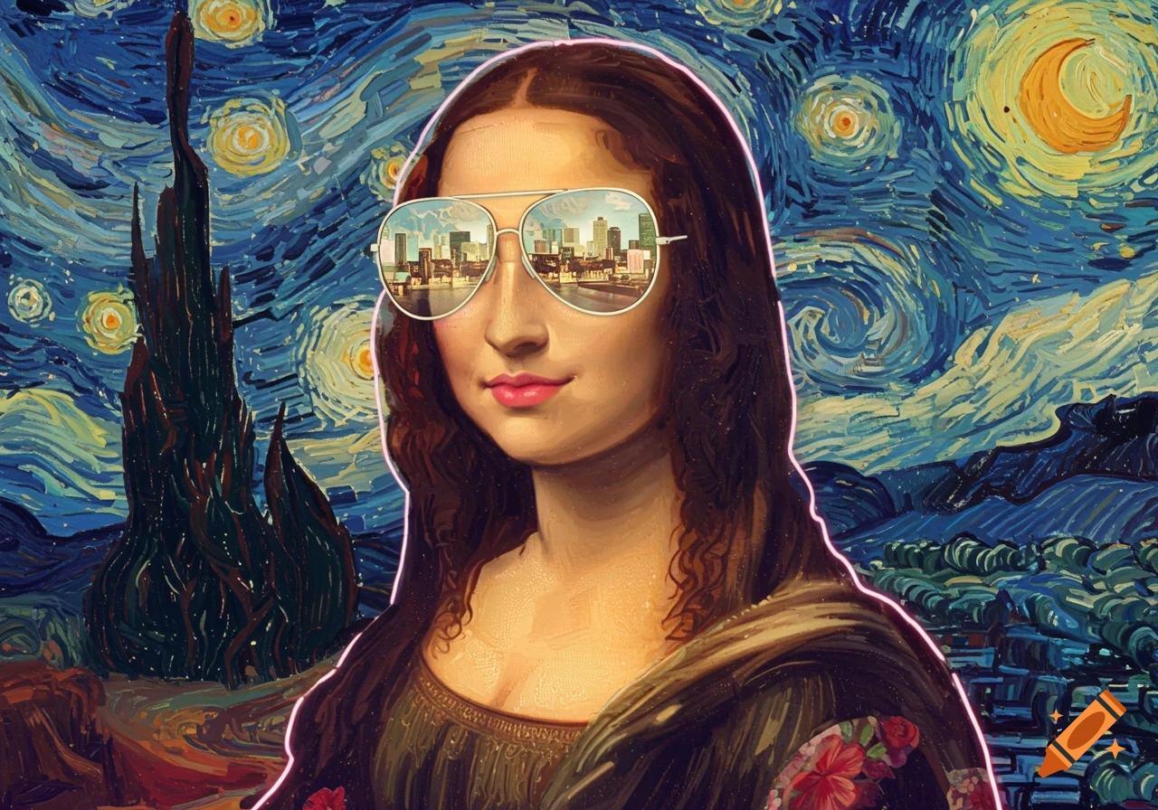 Mona Lisa in aviator sunglasses reflecting a city, set against Van Gogh's Starry Night, with a pink neon outline.