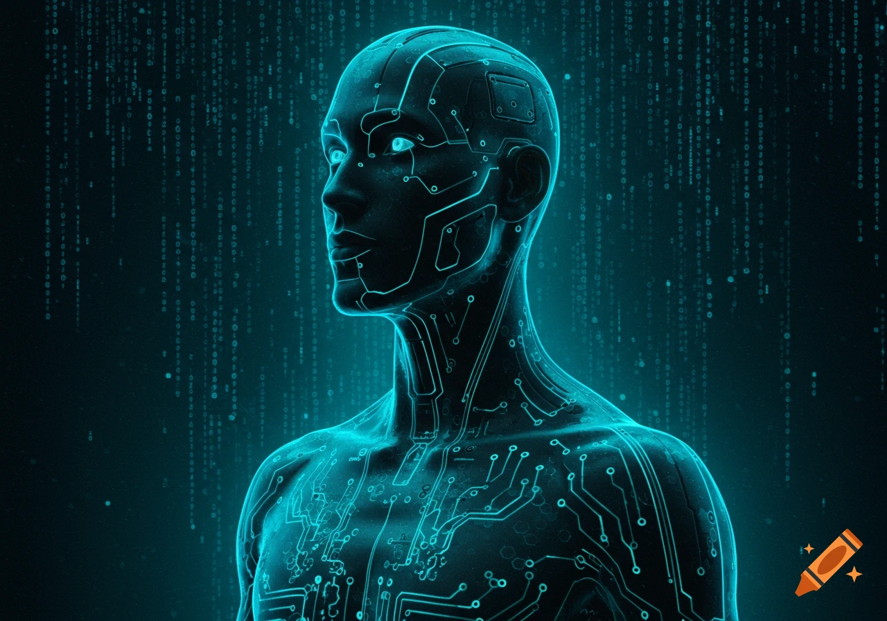 A futuristic human-like figure with glowing blue circuit patterns against a dark background with falling binary code.