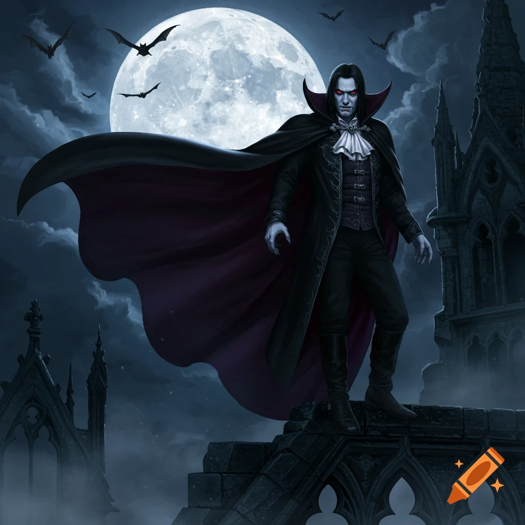 A vampire in a black cape stands on a gothic building against a large ...
