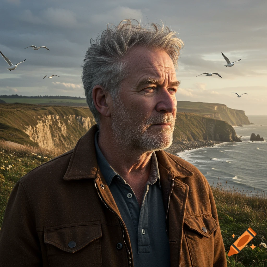 Photorealistic portrait of a thoughtful older man in a brown jacket, looking at a rugged coastline with cliffs and sea, gulls flying.