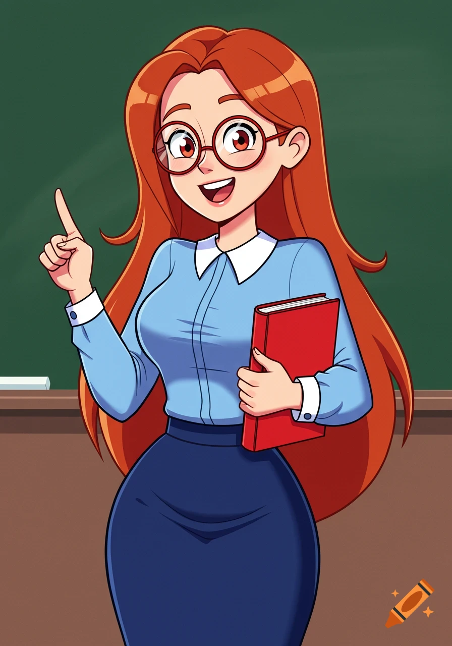 A joyful cartoon teacher with long auburn hair and red glasses, wearing a blue shirt and dark skirt, holding a red book and pointing in a classroom.