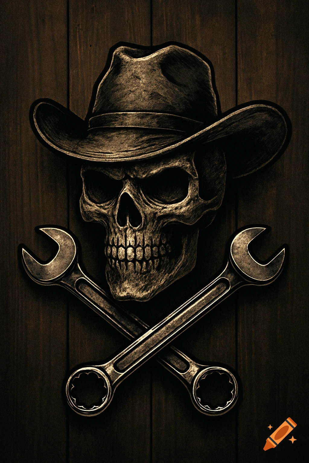 A stylized skull wearing a cowboy hat with two crossed wrenches behind it, against a dark wooden background.