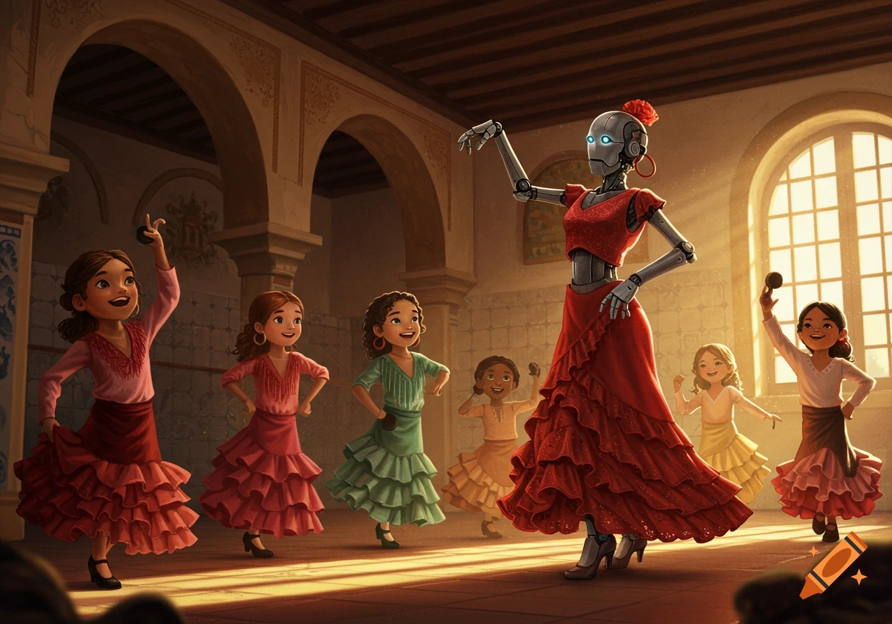 An illustrated robot teaches several girls flamenco dance in a sunny studio.