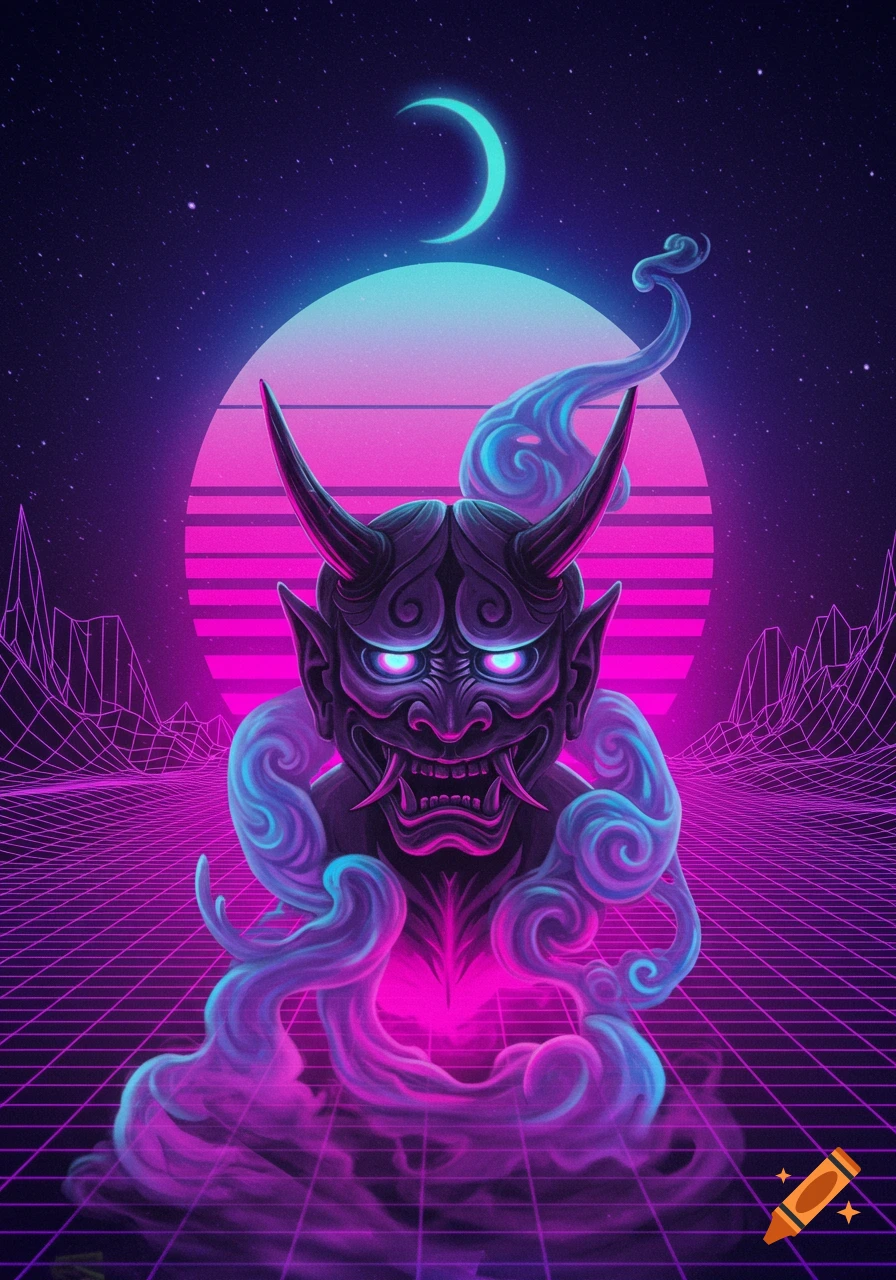 Neon retrowave illustration of an Oni mask with glowing eyes, horns, and fangs, enveloped in blue and pink smoke over a grid landscape.