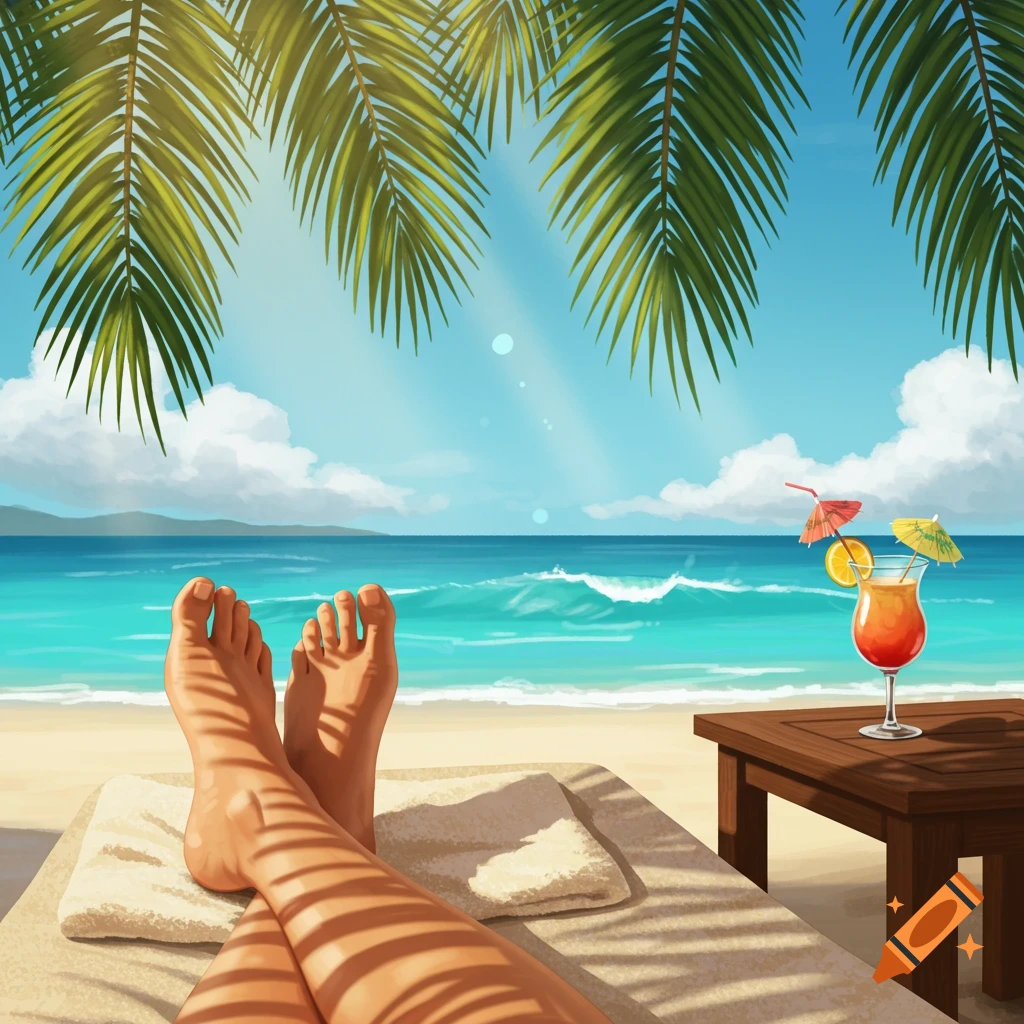 First-person view of legs and feet relaxing on a sunlounger under palm fronds, overlooking a sunny beach, blue ocean, and a tropical cocktail.