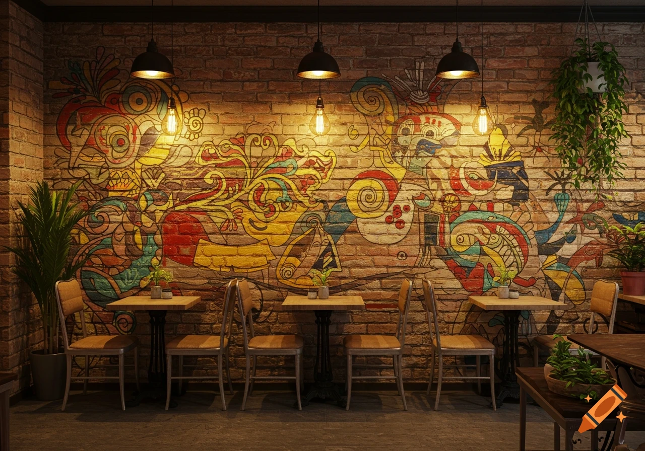 A cozy cafe interior featuring a vibrantly painted brick wall mural, industrial pendant lights, wooden tables, and chairs.