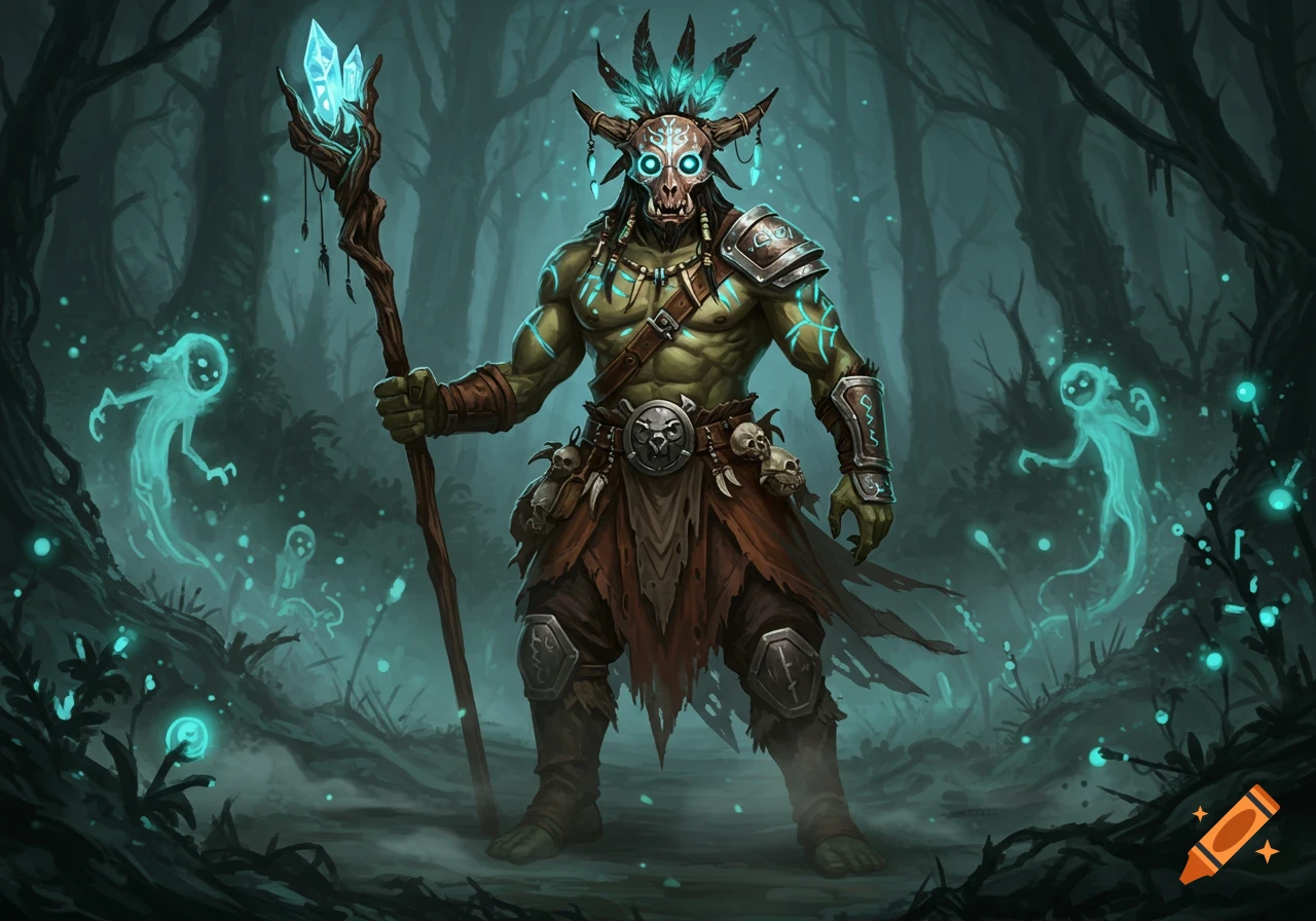 A muscular, green-skinned orc shaman in a skull mask and tribal attire, holding a glowing staff in a mystical, dark forest with ethereal spirits.