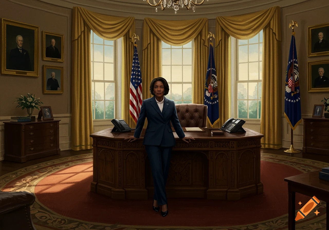 A woman in a dark suit stands behind an ornate desk in a realistic Oval Office with flags and portraits.