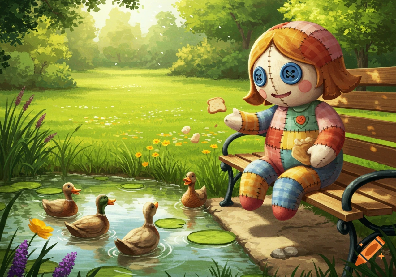 A colorful patchwork rag doll sits on a park bench, throwing bread to three ducks swimming in a pond, in an illustrated style.