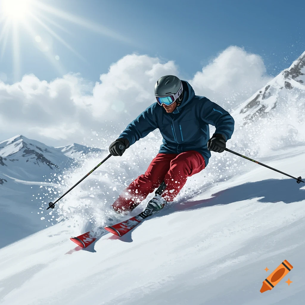 A male skier in a blue-black jacket and red trousers skis down a sunny, snowy mountain with snow spraying up.
