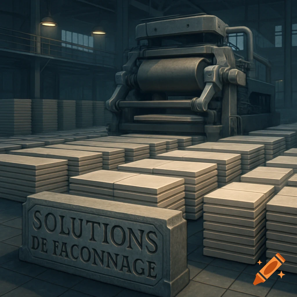 Industrial machinery in a factory with stacks of material and a stone block carved with "SOLUTIONS DE FAÇONNAGE".
