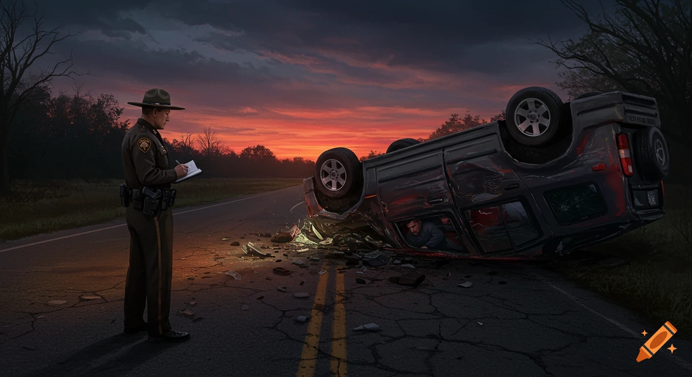 A police officer stands on a rural road at sunset, writing in a notebook next to an overturned SUV with a man visible inside.