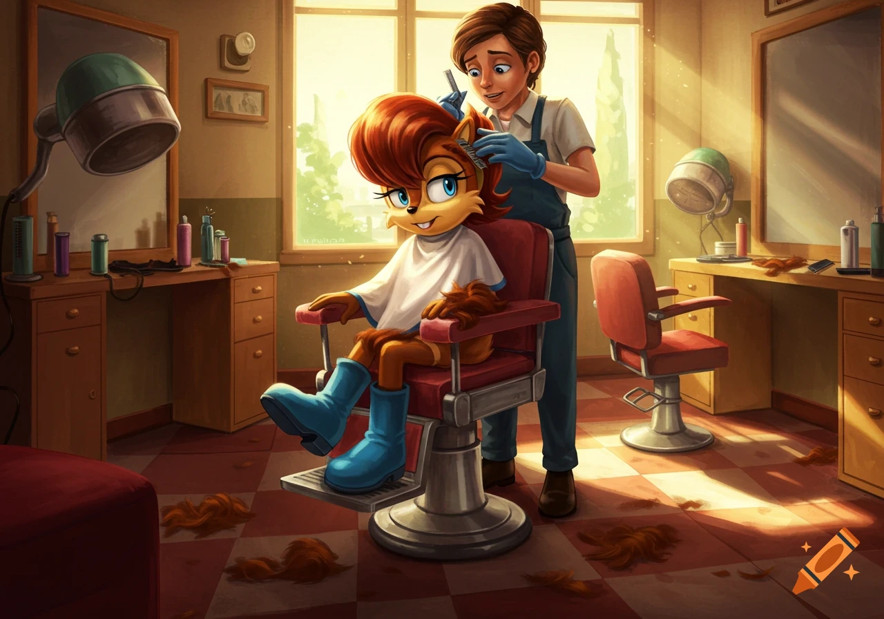 Animated Sally Acorn in a barbershop chair receiving a haircut from a human barber.