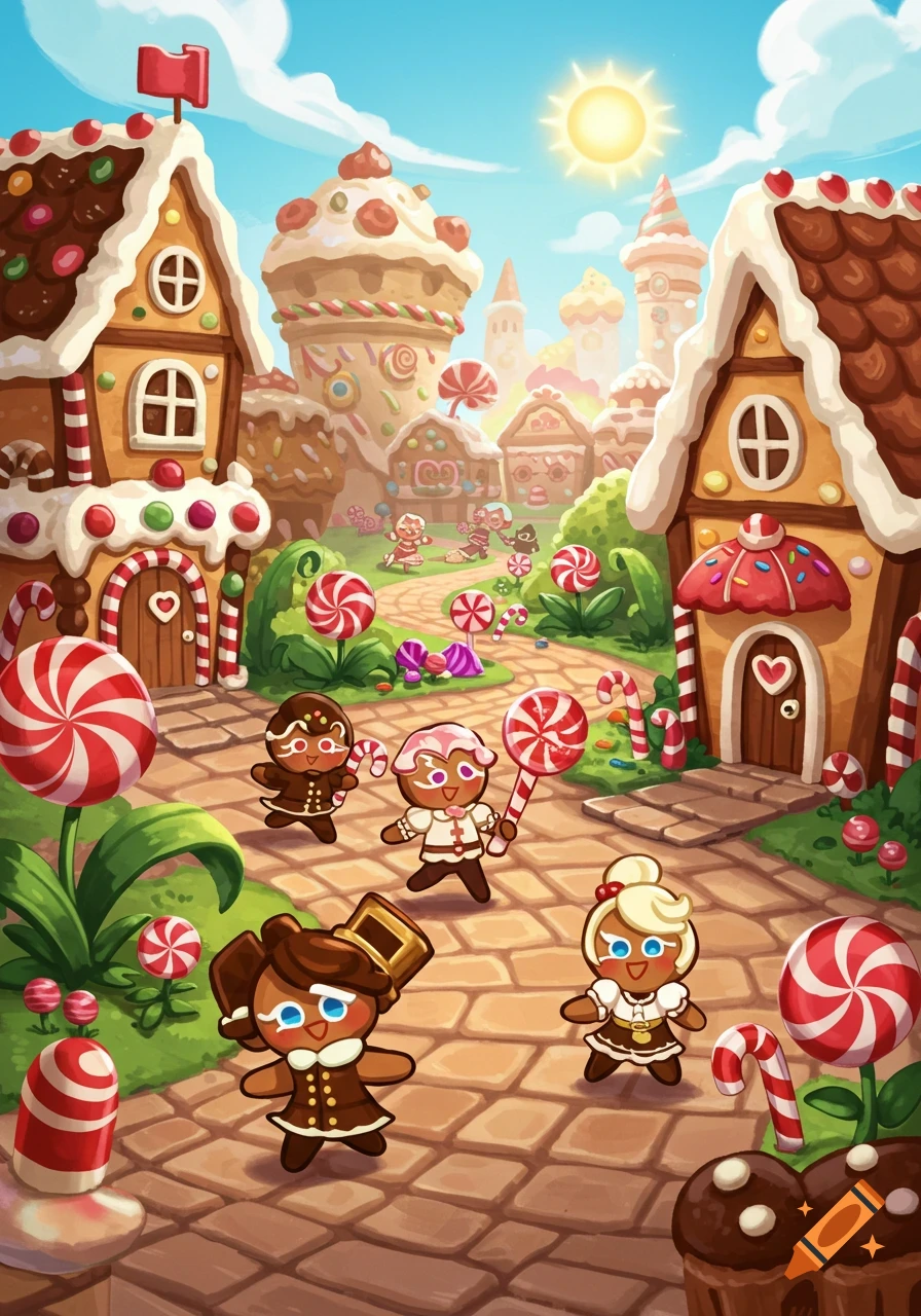 A vibrant cartoon gingerbread village with cookie characters, candy houses, and lollipop trees under a sunny sky, in the style of Cookie Run Kingdom.