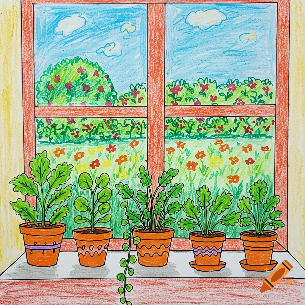 Colorful child's drawing of potted plants on a windowsill looking out at a garden.