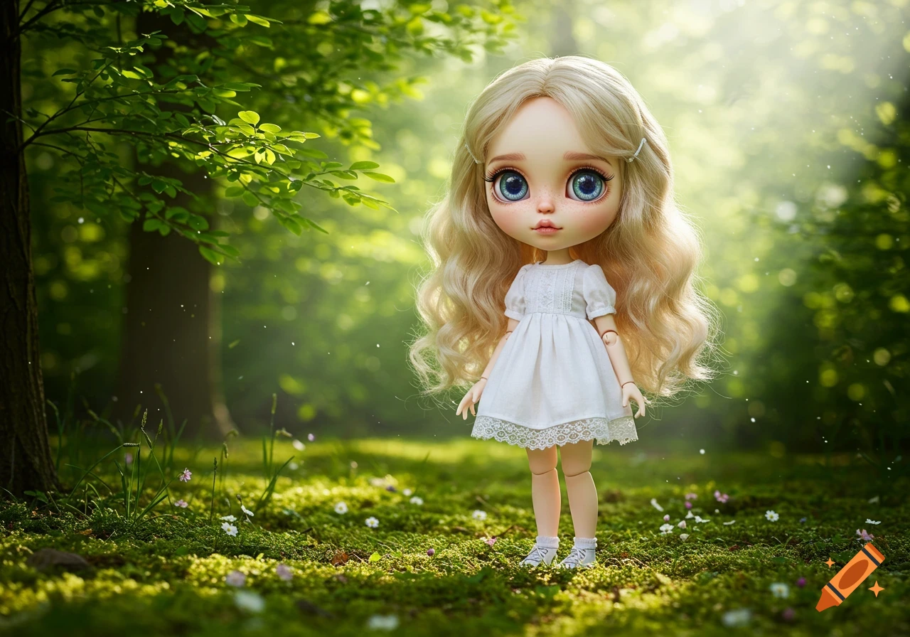 A photorealistic doll with large blue eyes, blonde hair, and a white dress stands in a sun-dappled green forest.