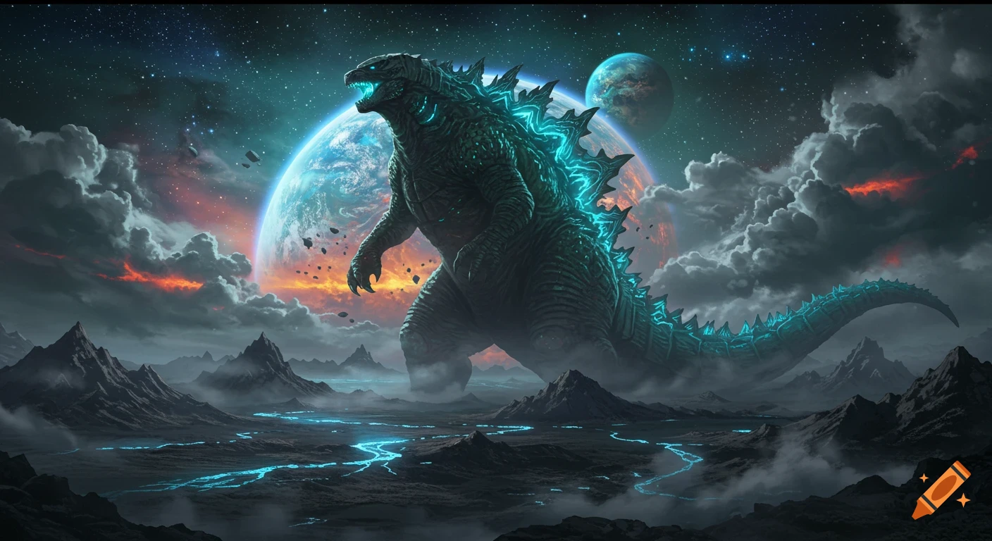 A giant Godzilla-like kaiju with glowing blue spines stands on a dark, alien planet with glowing rivers, set against a vibrant cosmic sky.