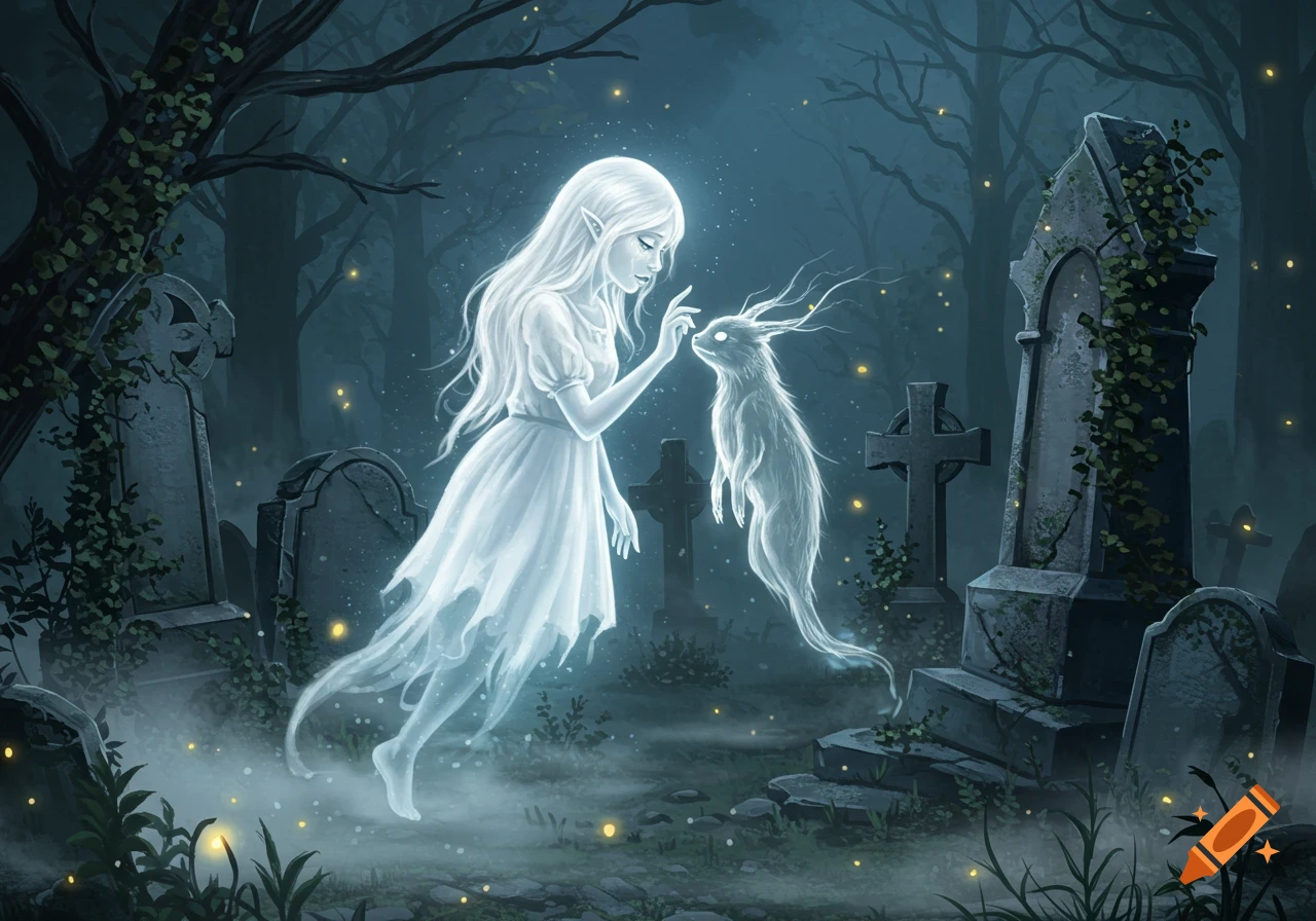 A glowing white ghost girl gently touches the nose of a furry ghostly creature in a foggy, moonlit graveyard, digital art.