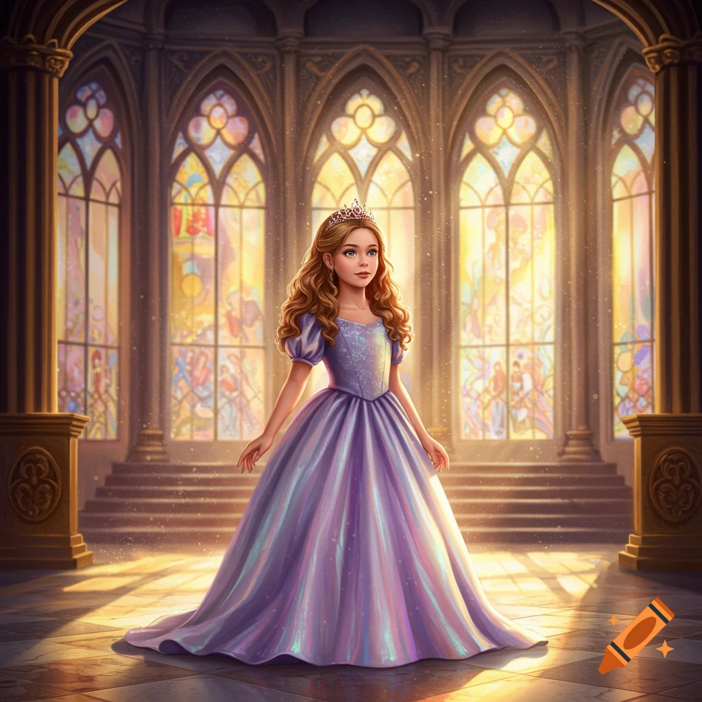 A young girl in a shimmering purple princess gown and crown stands in a grand hall with arched stained glass windows, illuminated by golden light, digital art.