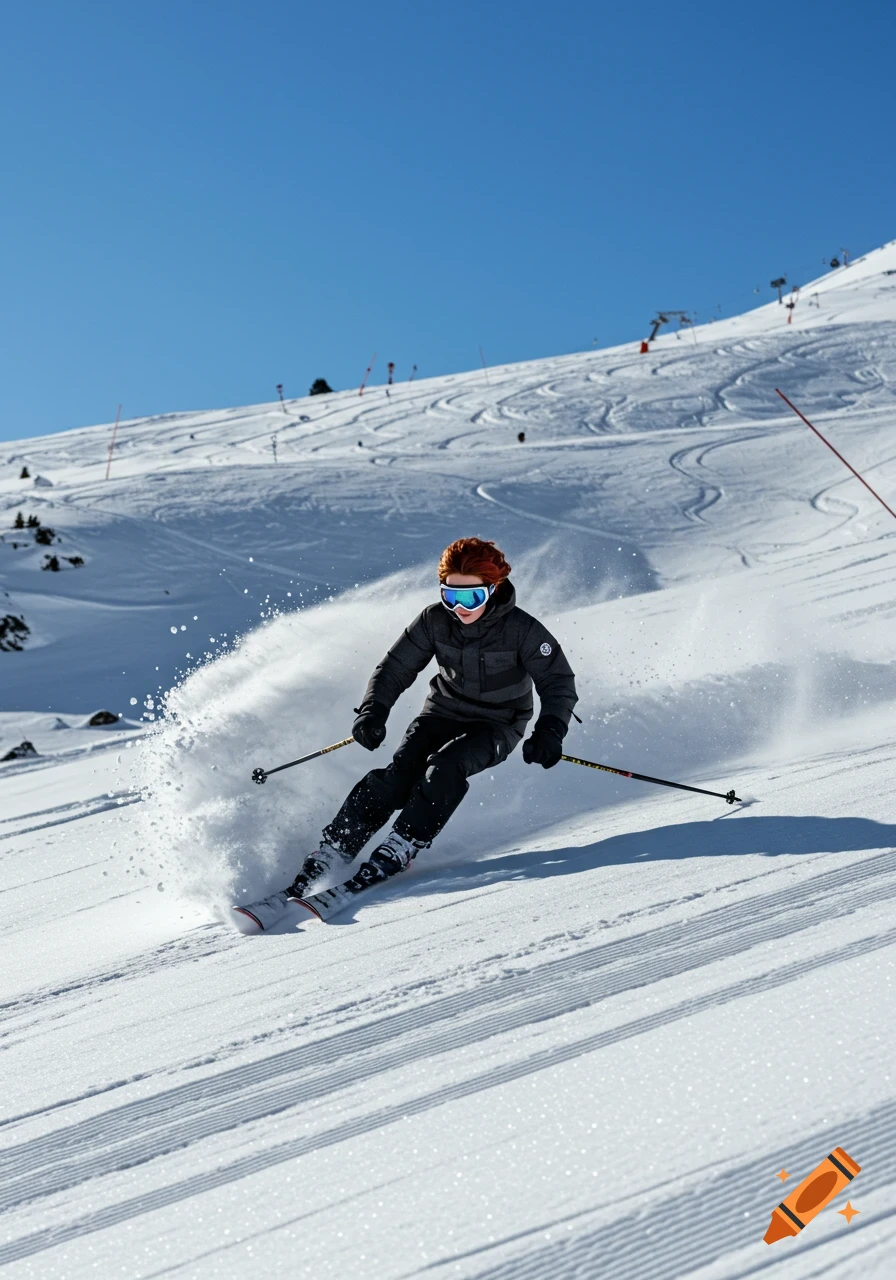 A red-haired teenager skis down a snowy mountain on a sunny day, kicking up a large spray of snow.
