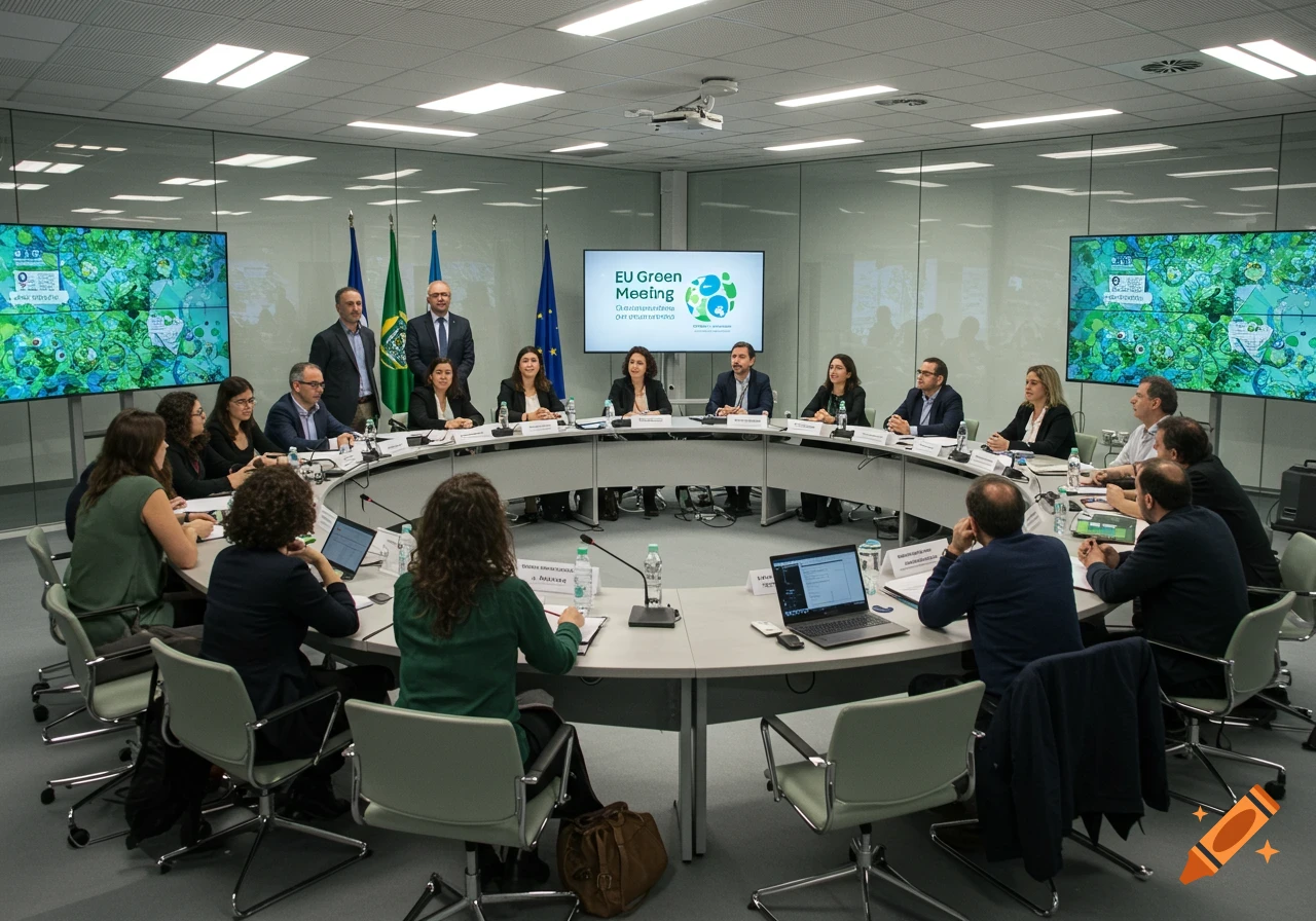 A diverse group of people attend a "EU Green Meeting" around a large circular table in a modern conference room with large screens displaying green abstract patterns.