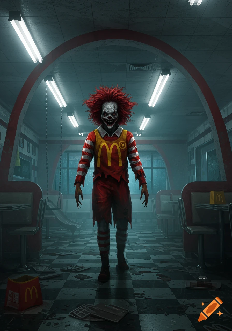 A terrifying, zombie-like Ronald McDonald stands in a dark, dilapidated McDonald's restaurant.