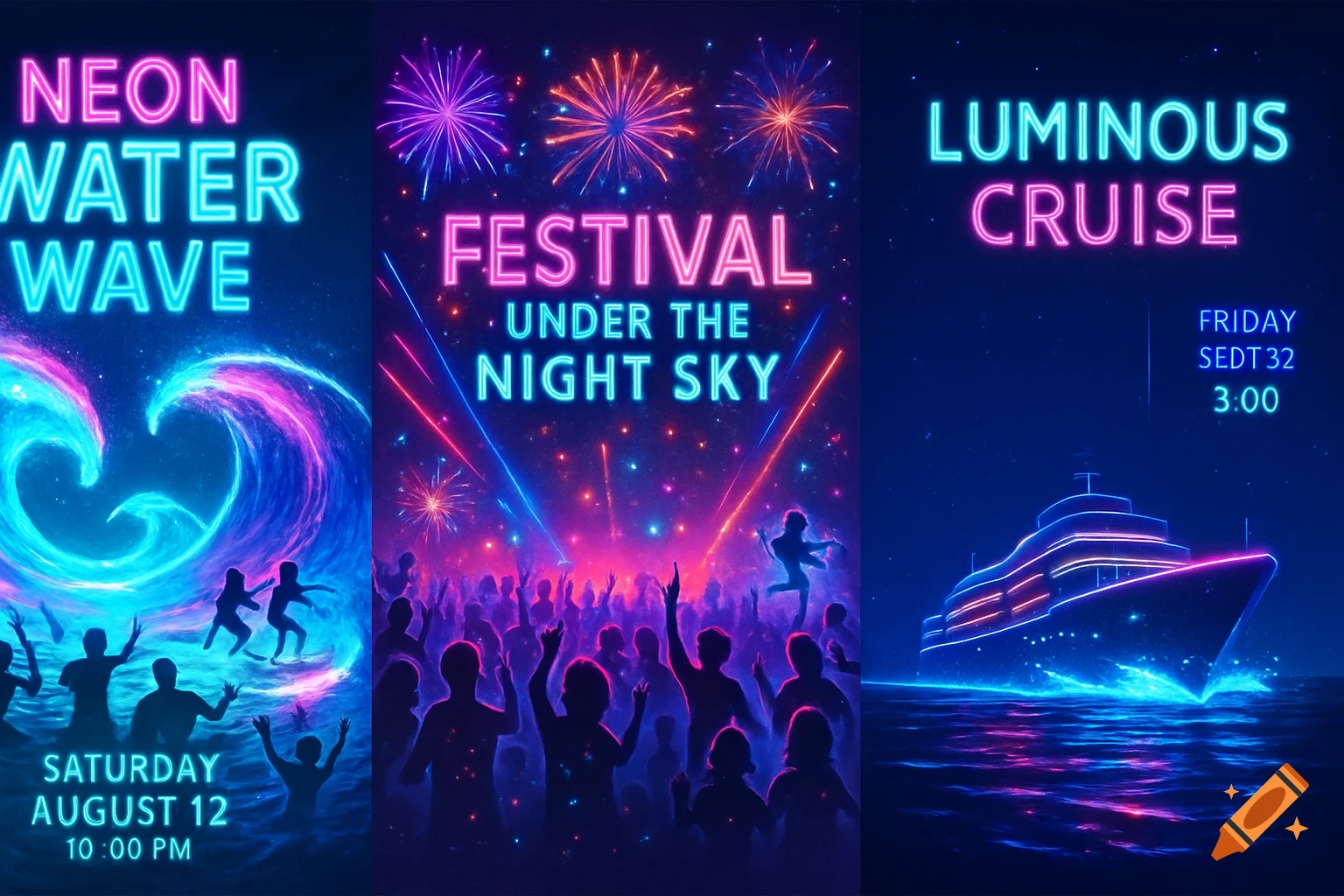 Three neon-themed event posters. Left: "Neon Water Wave" with glowing blue/pink waves and dancing silhouettes. Center: "Festival Under the Night Sky" with fireworks and a cheering crowd. Right: "Luminous Cruise" with a glowing ship on neon water.