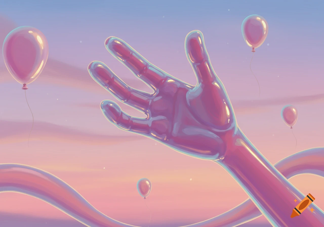 A large, glossy pink hand reaches into a pastel sky with floating pink balloons, in a dreamy, surreal style.